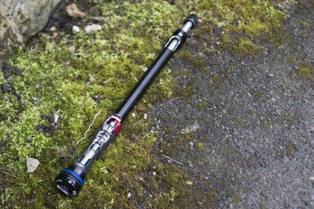 The concept with the DebonAir spring inside the new Pike fork is exactly the same. The execution is a little different. Rather than the visually enlarged air can for the DebonAir rear shocks, all the changes for the DebonAir spring in the Pike occur inside the left-hand fork leg. A change in the location of the transfer port between the positive and negative air chambers has helped to increase the negative spring chamber by 10%. That doesn't sound like a whole lot, but I can assure you the change is wholeheartedly noticeable on the trail.