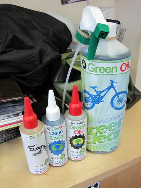 Lubes and stuff from eco-minded company Green Oil. Grease, Degreaser, Chain Oil (in a 100% recycled bottle) and Bike Cleaner.