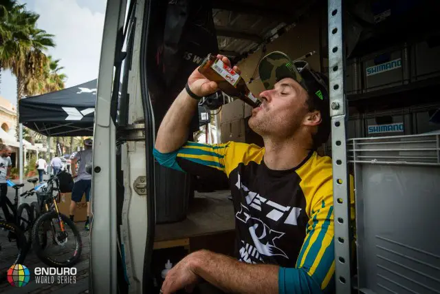 Jared Graves celebrates with a beer. Photo by Matt Wragg