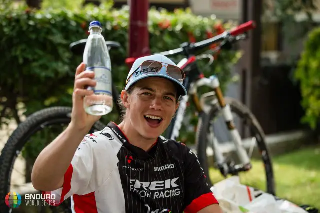 Tracy Moseley celebrates in a subdued manner. EWS 7 2014, Finale Ligure. Photo by Matt Wragg