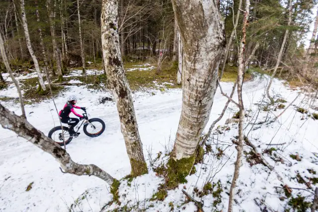 Snow Epic 2015, stage 1, female rider on the beautiful forest. Engelberg. Switzerland