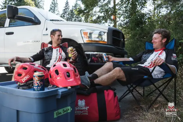 Jeff Riemer and Jeremy Grasby from the Bike Patrol take a well deserved moment with the BCBR beer sponsor Red Racer.
