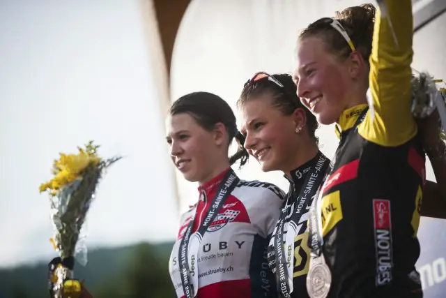 Alice Barnes celebrates her second place in the U23, alongside Alexandra Keller and Jenny Rissveds. Image thanks to Scott.