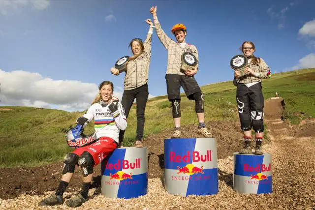 Rachel Atherton seen with winner Rosie Holdsworth, Roslynn Newman in second place, and Rosey Monaghan in third at Red Bull Fox Hunt in Melmerby, United Kingdom on the 2nd of October 2016 // Rutger Pauw / Red Bull Content Pool // 