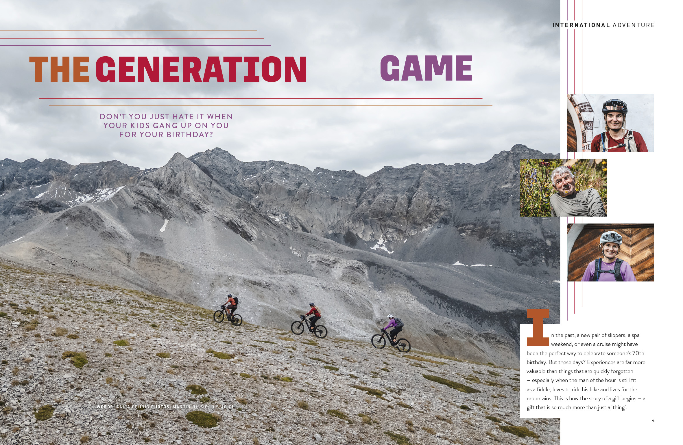 A group of four mountain bikers riding up a rocky slope in a mountainous landscape under a cloudy sky, with various picturesque mountain peaks in the background.