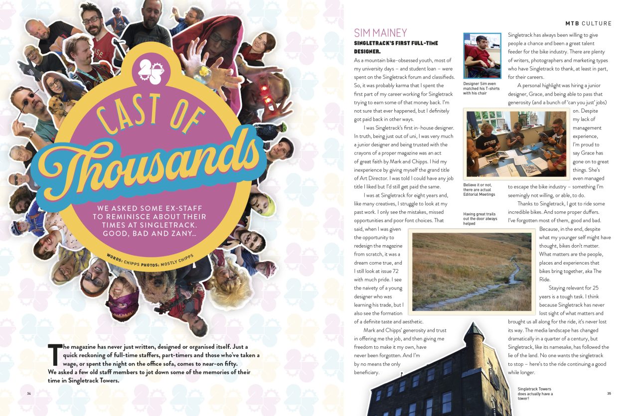 Page showcasing memories of ex-staff from Singletrack magazine with a vibrant graphic design.