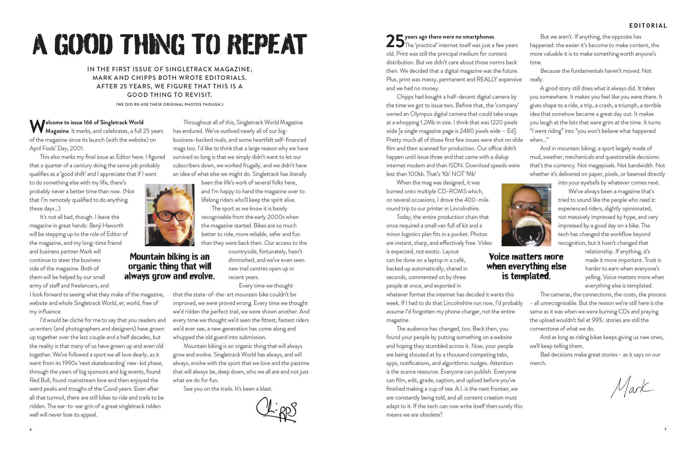 Editorial page of the March 2023 issue of Singletrack World Magazine, featuring reflections on the evolution of the magazine and the cycling industry over 25 years.