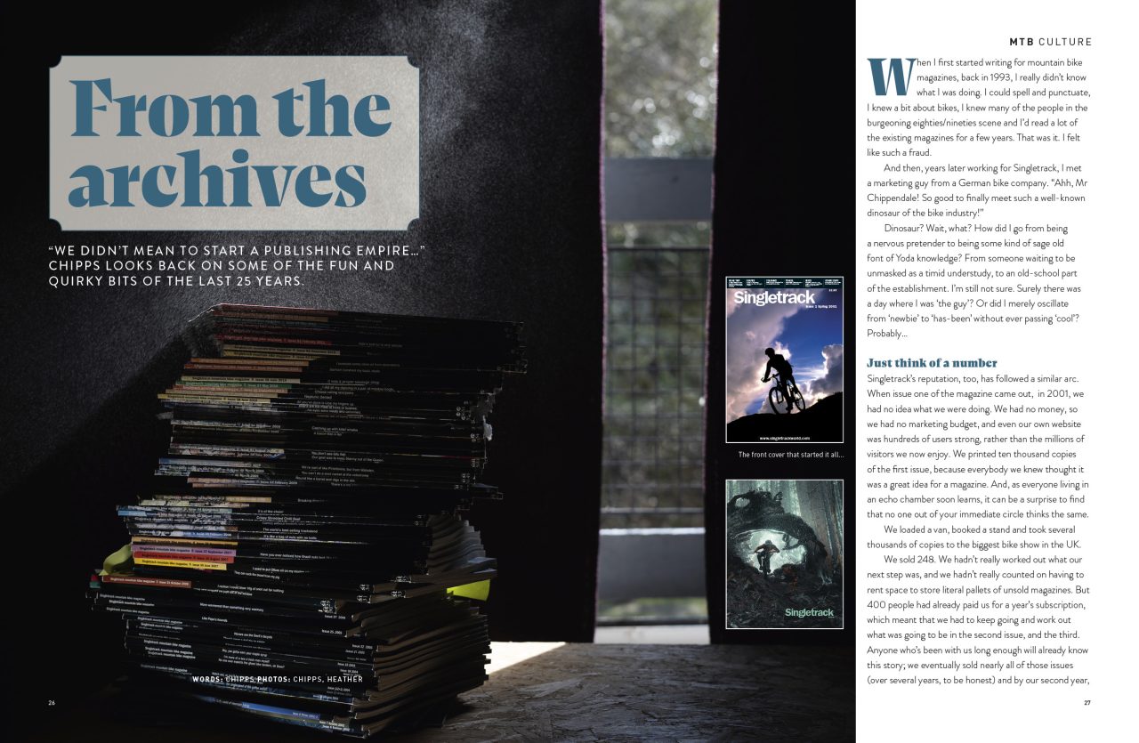 A stack of mountain bike magazines on a table, partially illuminated by sunlight through a window, with the title 'From the archives' at the top and a brief quote about starting a publishing empire.