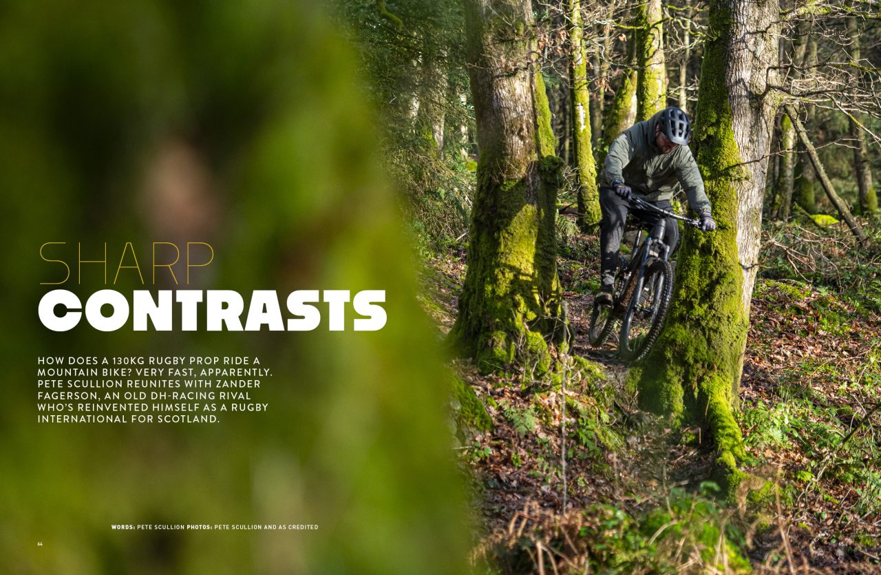 A cyclist navigating a mountain bike trail through a forest with moss-covered trees, showcasing the interaction between nature and outdoor sports.