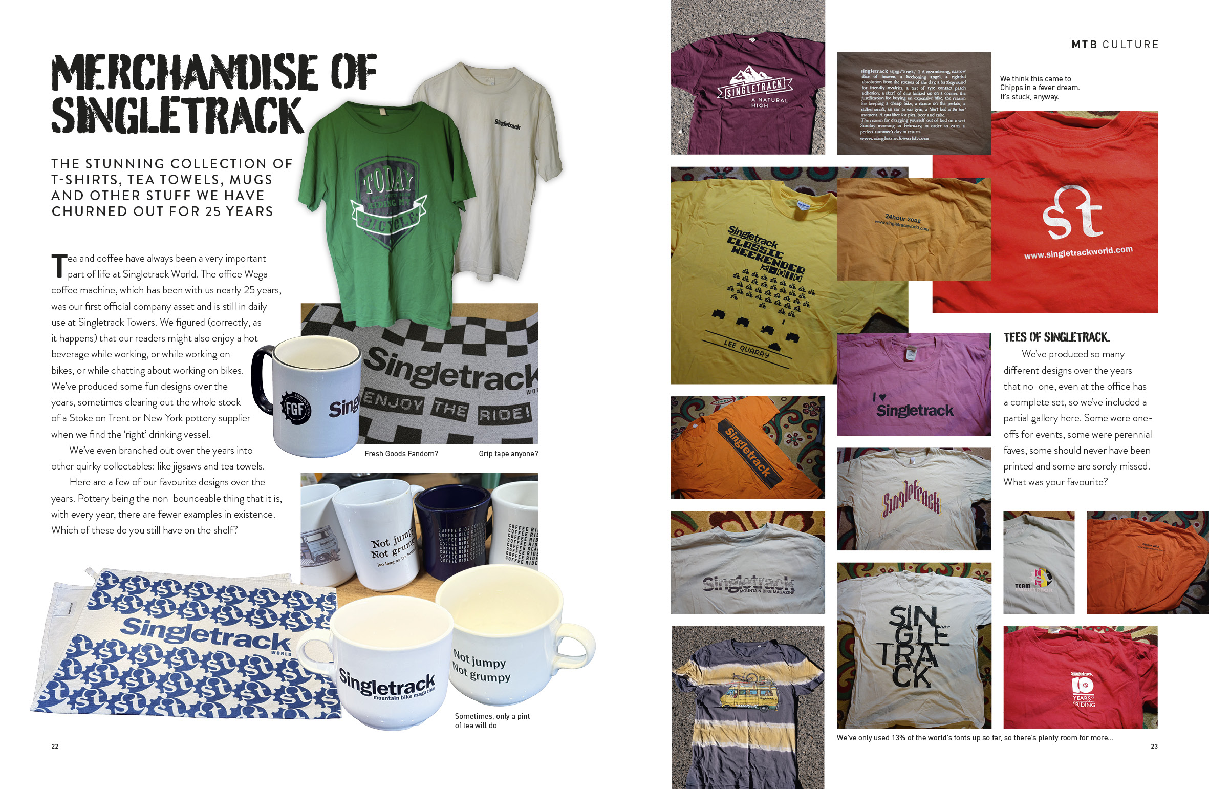 A collection of merchandise from Singletrack, including t-shirts, tea towels, and mugs.