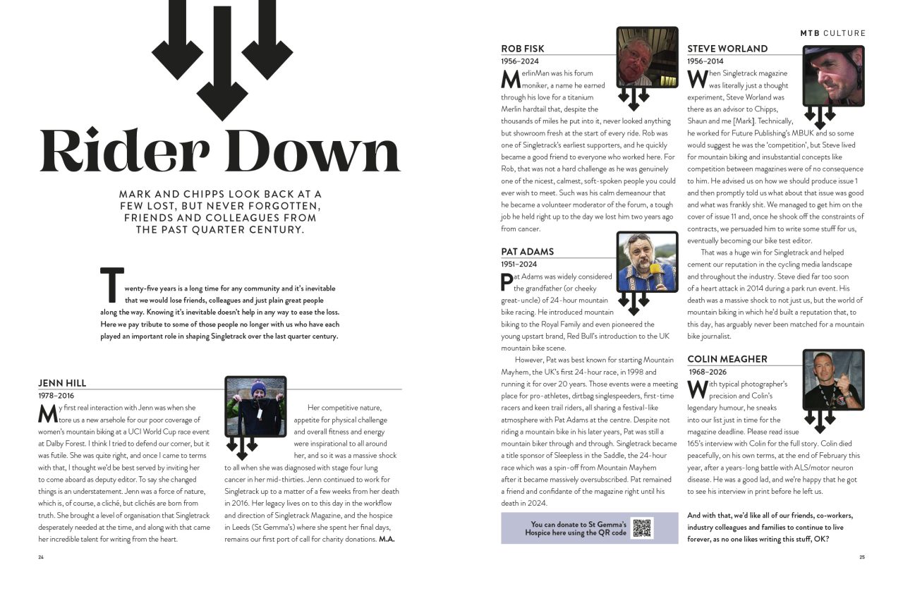 A magazine page titled 'Rider Down' featuring tributes to mountain biking personalities who have passed away, including Rob Fisk, Pat Adams, and Colin Meagher.