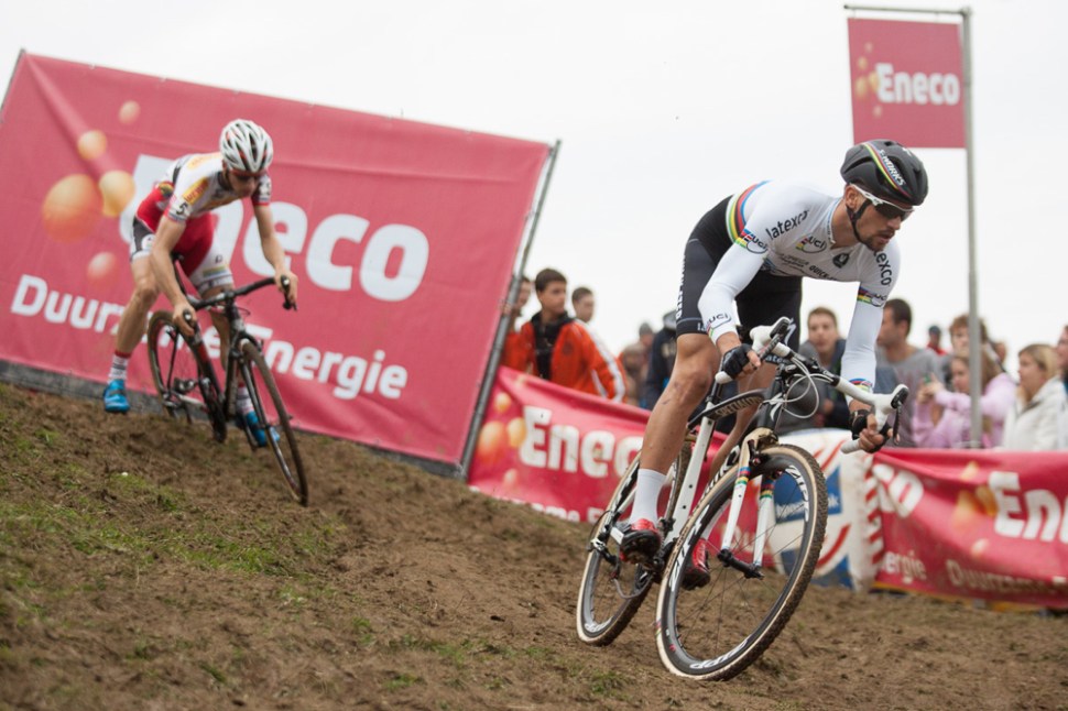 Current cyclocross World Champion tackles a technical descent in the second lap of the Bpost Bank Trofee race in Ronse. This was the first outing of the rainbow jersey since his win at Hoogerheide earlier this year. Note the custom paint job on his Specialized Cruz.