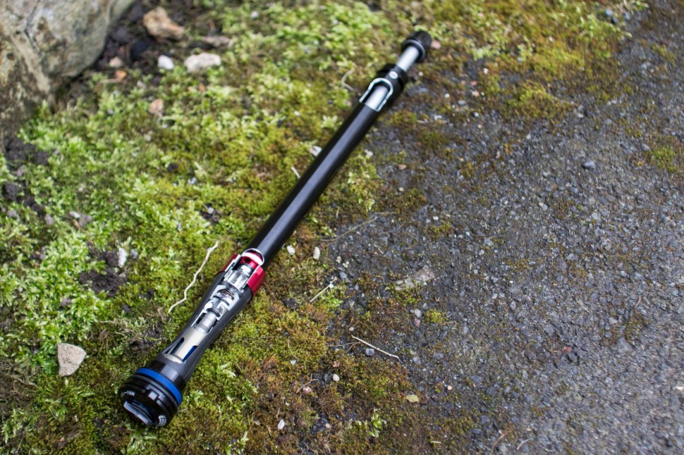 The concept with the DebonAir spring inside the new Pike fork is exactly the same. The execution is a little different. Rather than the visually enlarged air can for the DebonAir rear shocks, all the changes for the DebonAir spring in the Pike occur inside the left-hand fork leg. A change in the location of the transfer port between the positive and negative air chambers has helped to increase the negative spring chamber by 10%. That doesn't sound like a whole lot, but I can assure you the change is wholeheartedly noticeable on the trail.