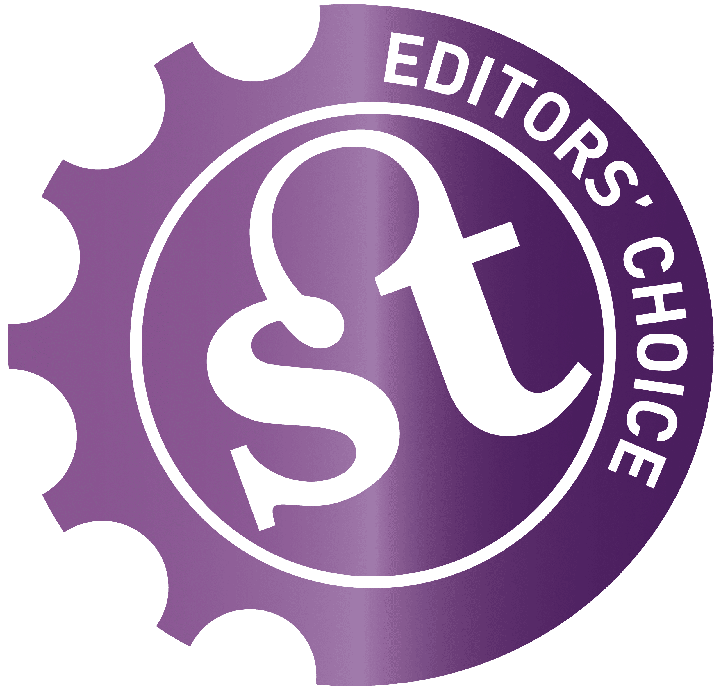 Editors' Choice badge featuring a gear design with text that reads 'Editors' Choice' in white on a purple background.