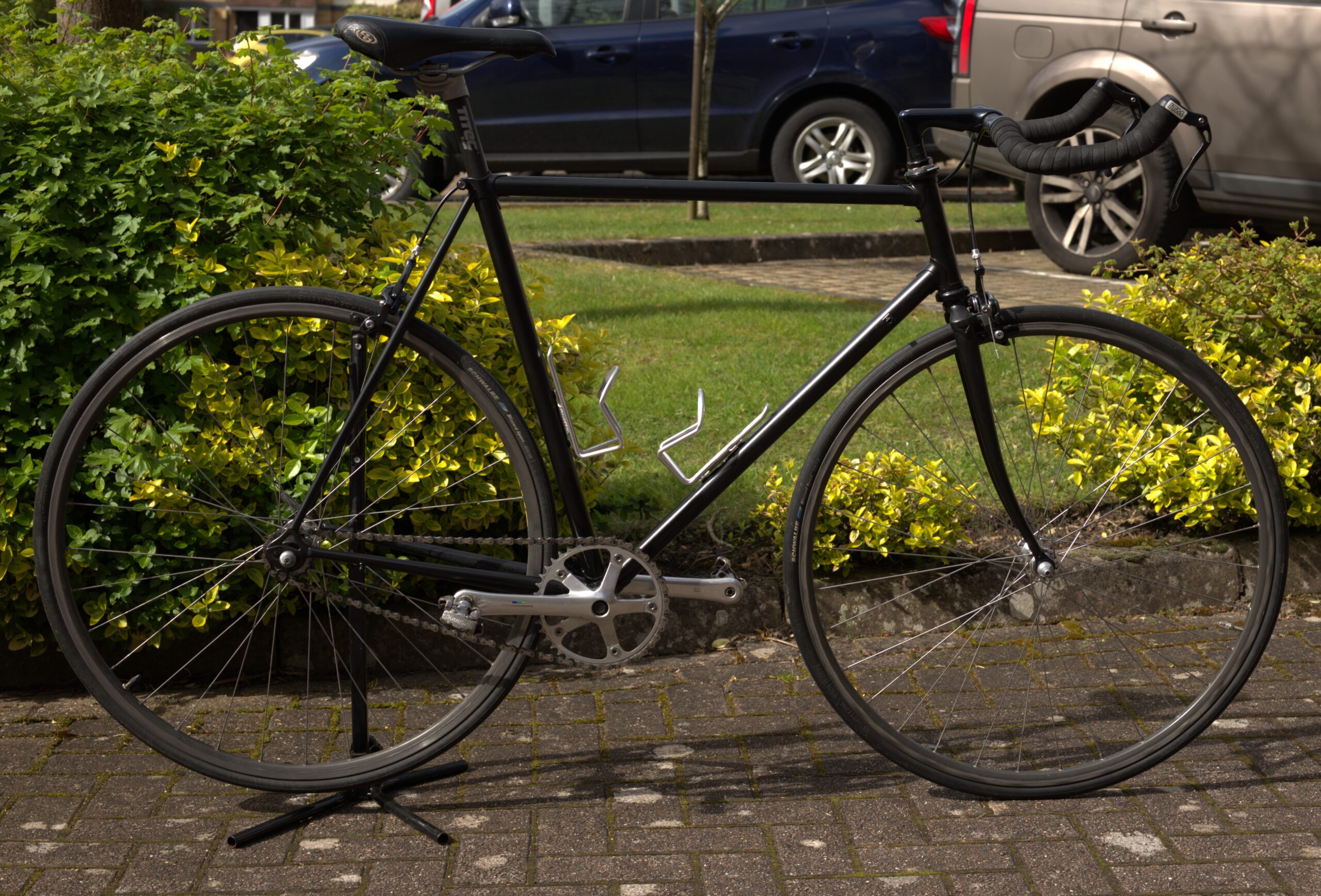 Black single speed road bike (formally a Ribble frame)