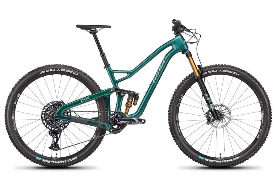 A teal and gray Niner Jet 9 RDO mountain bike displayed at an angle, showcasing its full suspension, wide tires, and modern frame design.