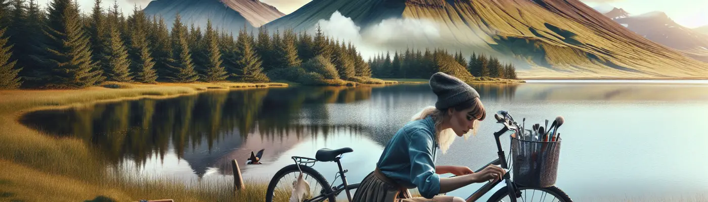 bjork sat cleaning her bike by an icelandic lake with a volcano in the background AI generated