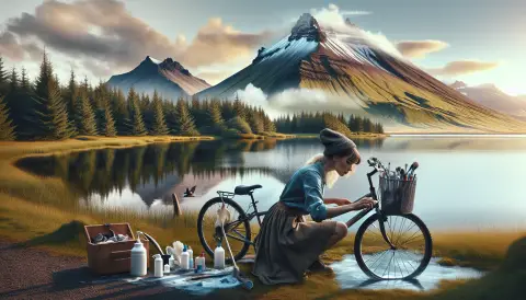 bjork sat cleaning her bike by an icelandic lake with a volcano in the background AI generated