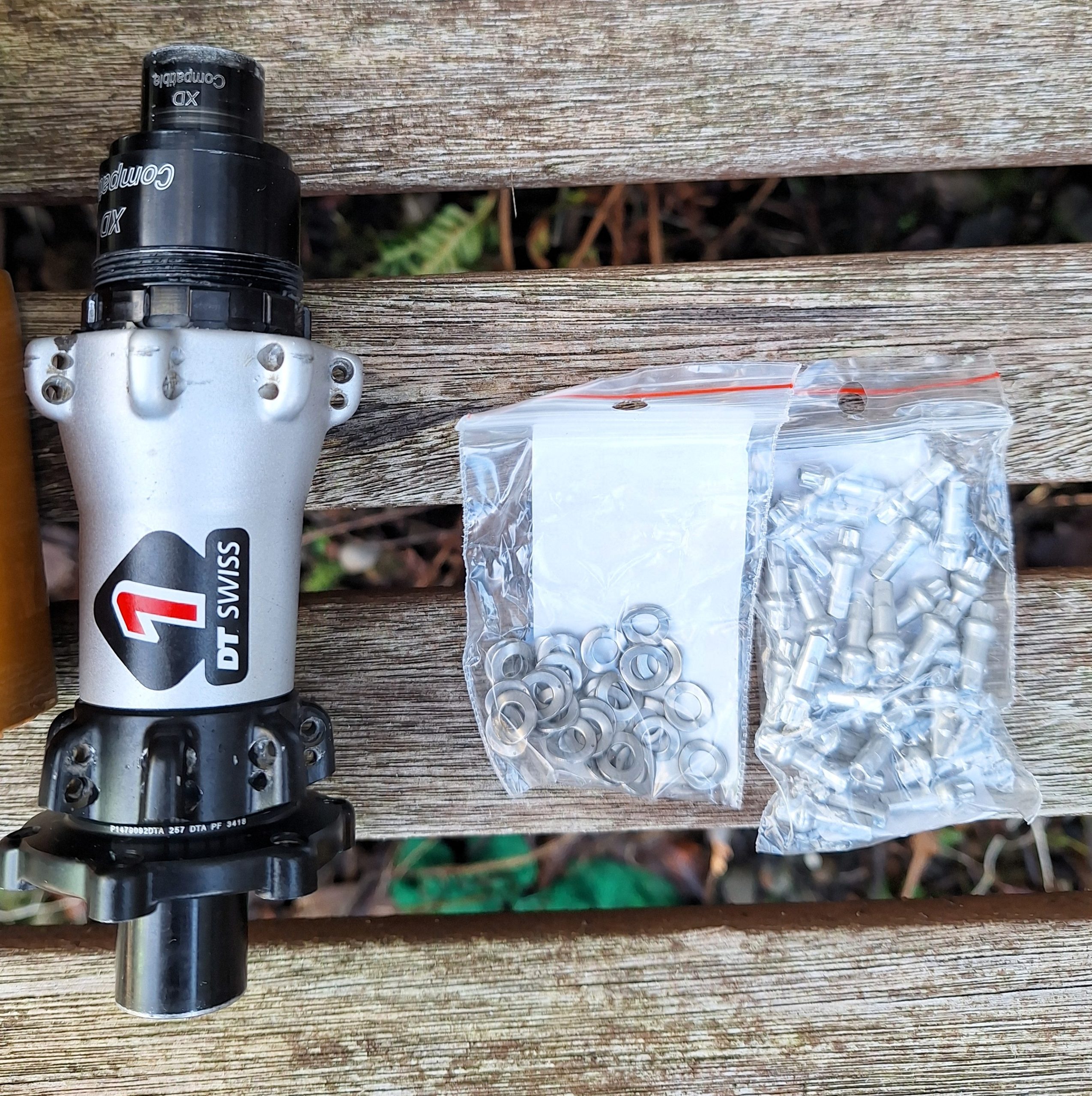 For the wheelbuilders! DT no.1 rear hub, DTgravel/xc rim, nipples, washers, boost front hub