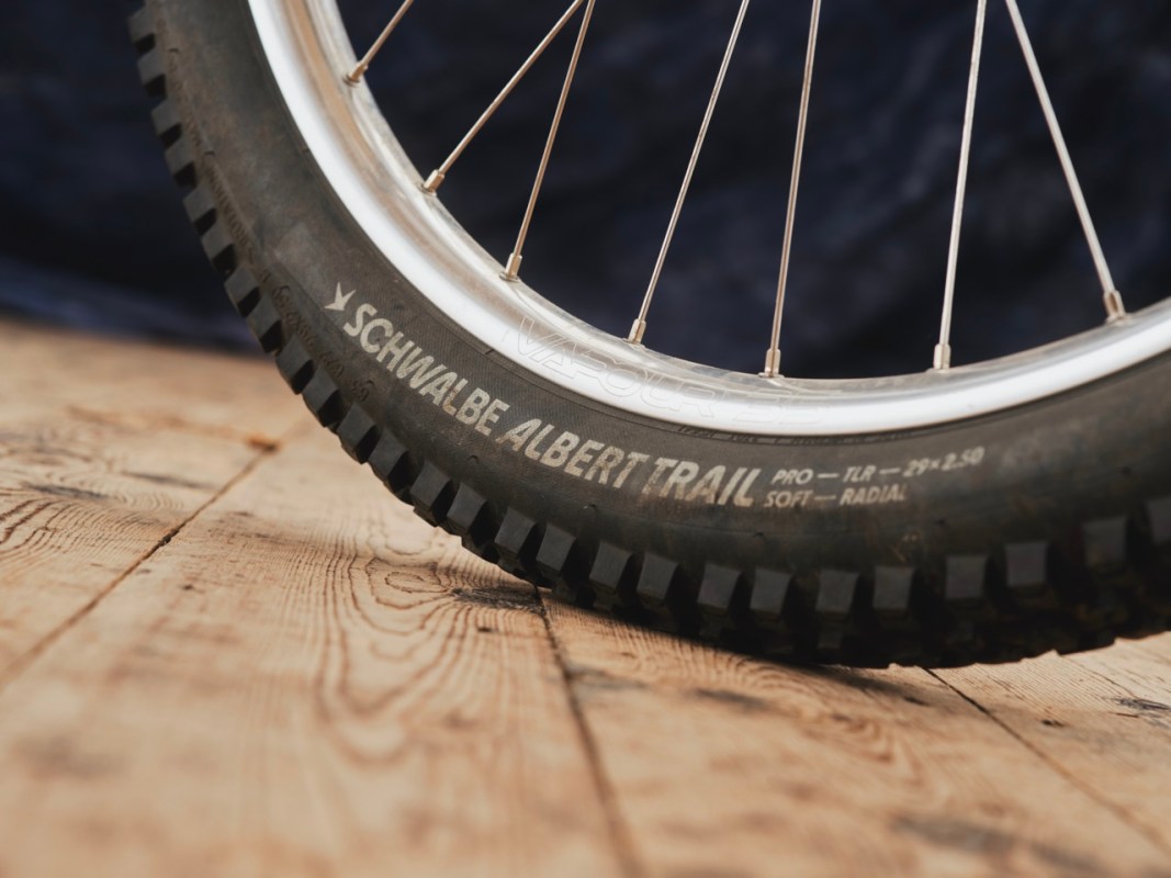Close-up of a Schwalbe Albert Trail bicycle tire mounted on a rim, showcasing the tread pattern and branding, on a wooden surface.