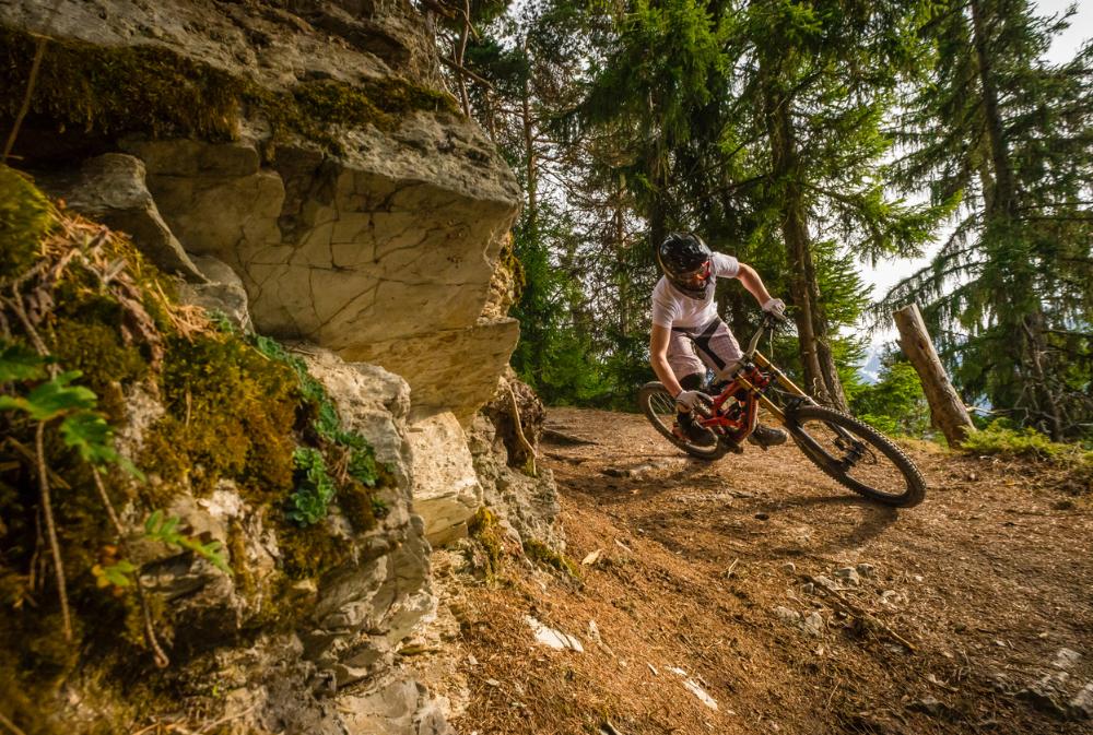 A mountain biker navigates a rocky trail through a lush forest in the Porte du Soleil region, showcasing the rugged terrain suitable for biking.