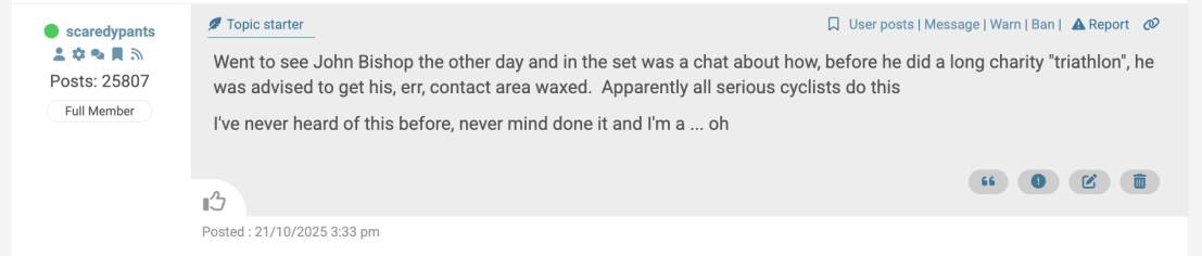 Image of a user interface for a forum post discussing a chat about a comedian's preparation for a charity triathlon.
