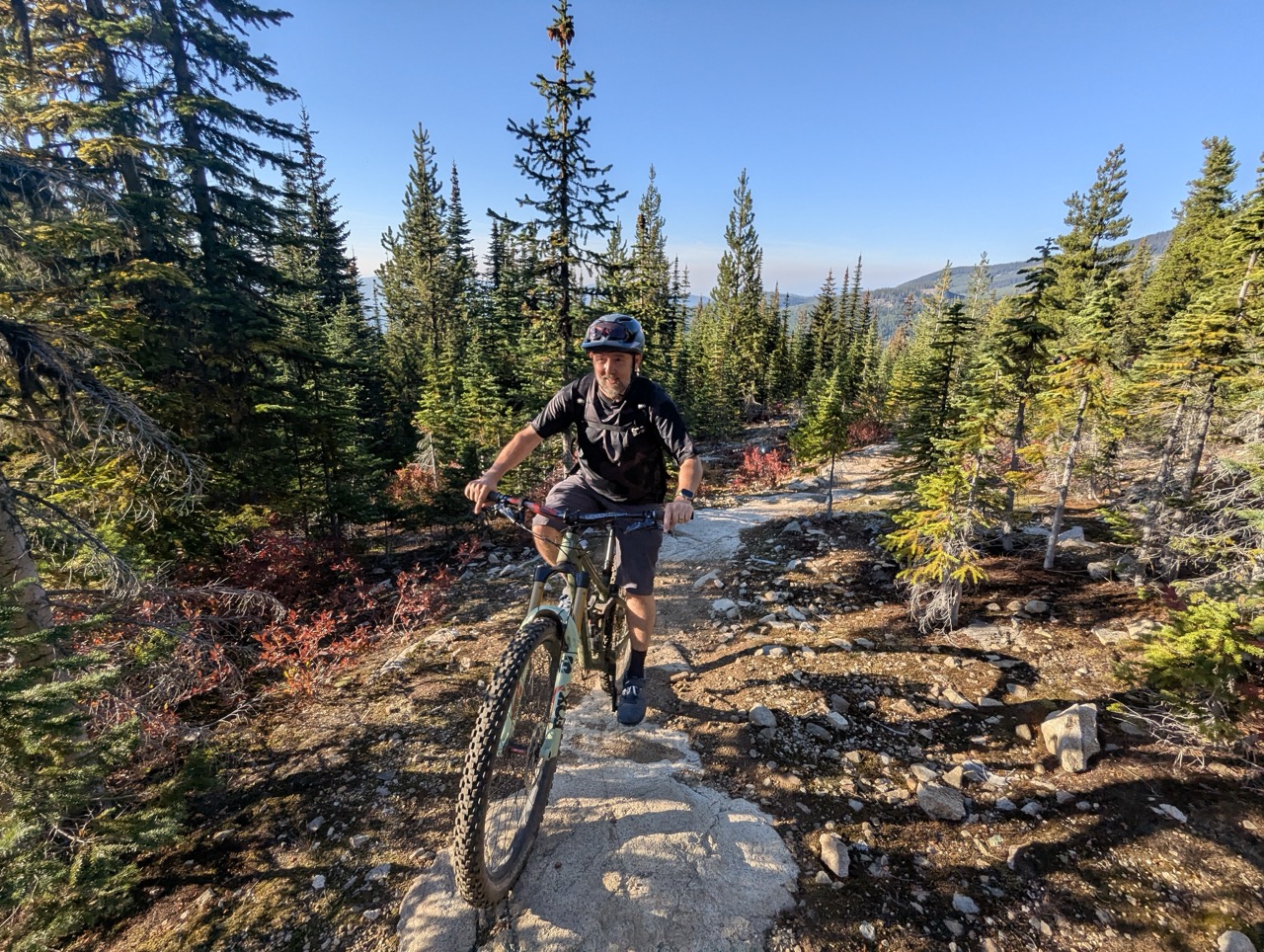 A mountain biker navigating a rocky trail through a forested area in Rossland, Canada, with a backdrop of pine trees and a clear blue sky.