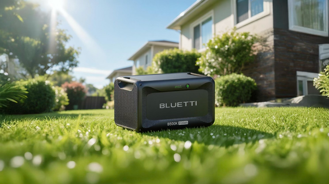 A BLUETTI B500K expansion battery placed on green grass in a sunny outdoor setting, with a house visible in the background.
