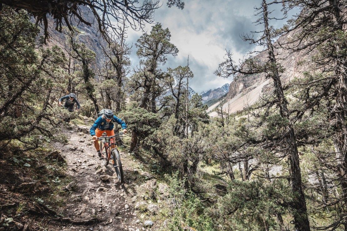 A mountain biker navigating a rocky trail surrounded by dense trees in a mountainous landscape.
