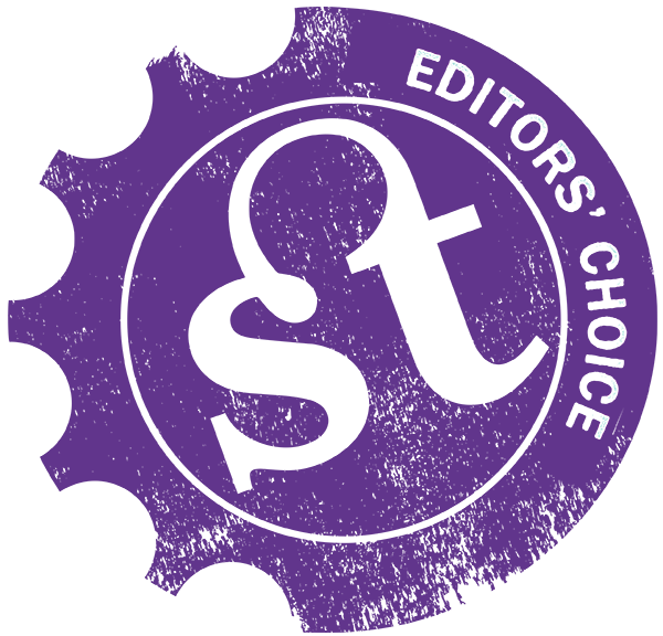 Editors' Choice badge featuring a gear motif and stylized text in purple and green.