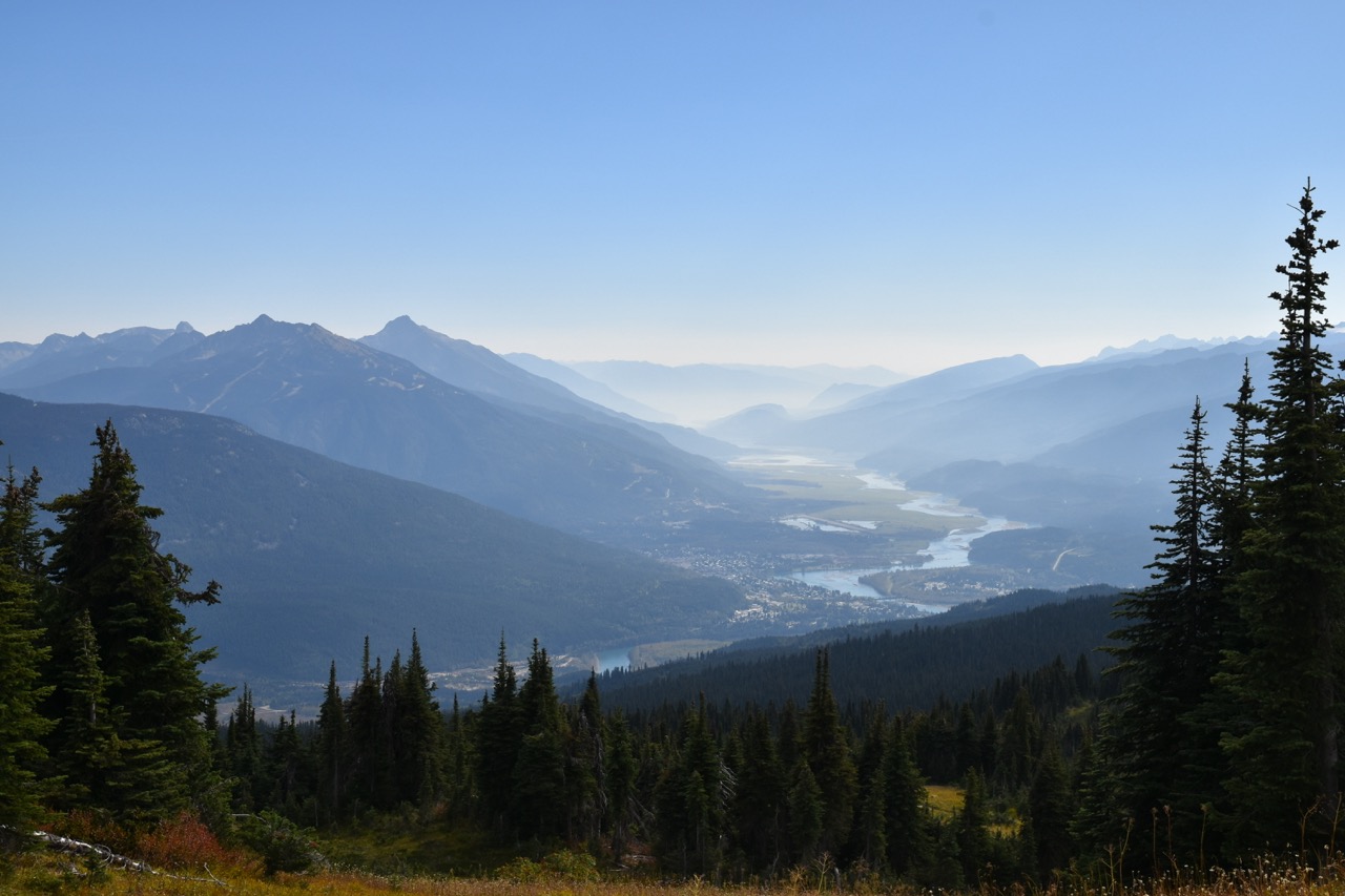 A panoramic view of mountains and valleys in Revelstoke, Canada, with trees in the foreground and a river winding through the landscape.
