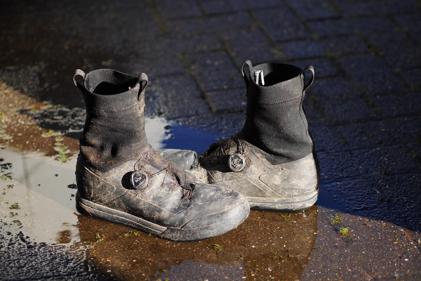 A pair of Fox Union All Weather Flat Shoes resting on wet pavement, showcasing a waterproof upper and BOA Fit system.