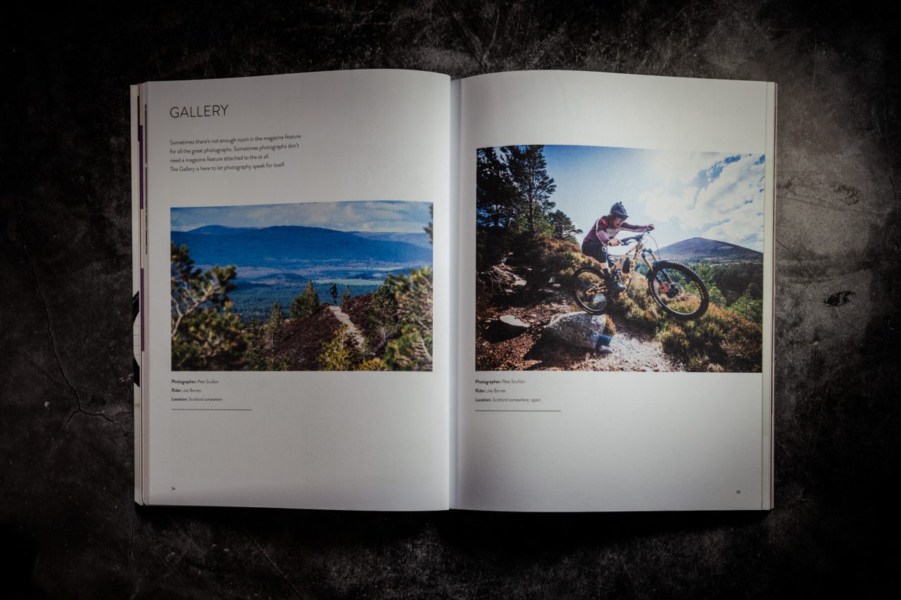 Gallery spread from Singletrack Magazine Issue 167 with a wide Scottish hill landscape and a mountain biker descending a rocky trail through trees and heather