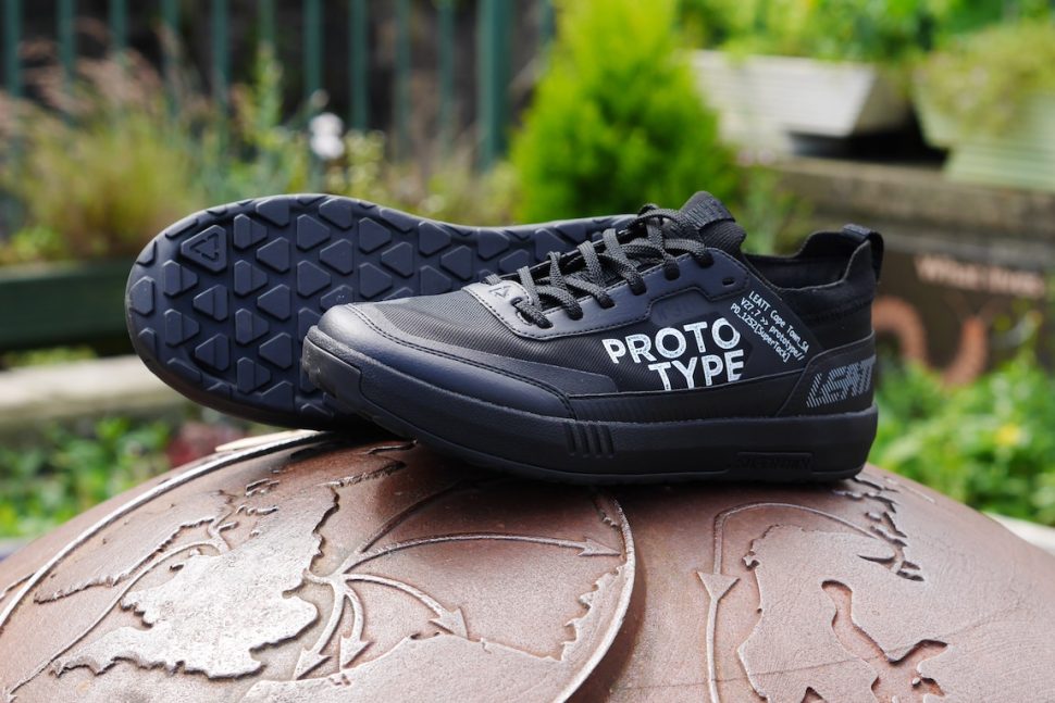 Black Leatt prototype flat pedal mountain bike shoe with Prototype printed in white on the side