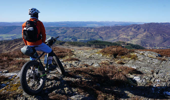 A rider descends a narrow ribbon of heather-lined singletrack on a fat bike with mountains beyond