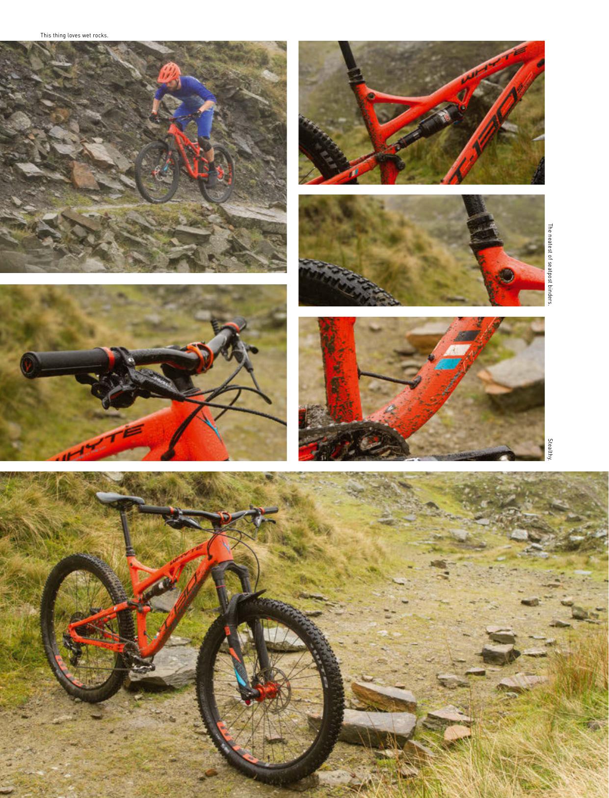 Magazine page for the Whyte T-130 S Grinder Bike review showing the bike on wet rocky trails