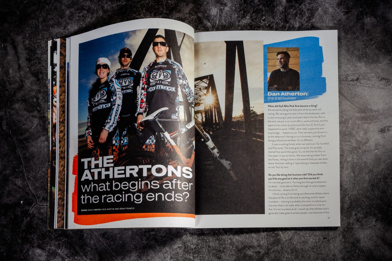 Page from a magazine featuring the Atherton family in cycling gear, with a headline about their experiences after racing. The opposite page includes an interview with Dan Atherton discussing trail building.