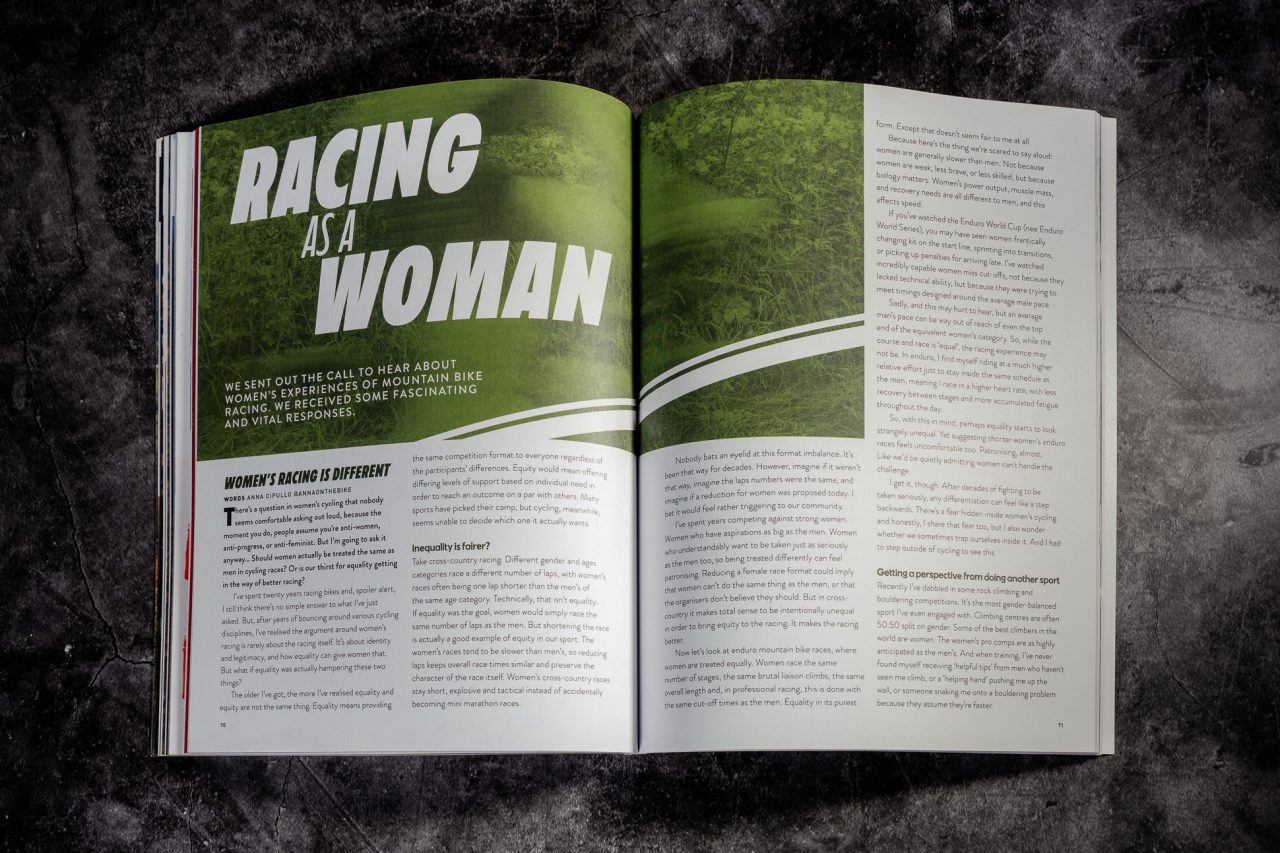 An open magazine featuring an article titled 'Racing as a Woman'. The page discusses women's experiences in mountain bike racing, highlighting gender disparities in competitions and the need for equality in sports.