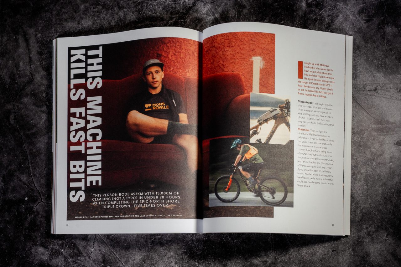 An open magazine featuring a feature on a cyclist, with an image of a man sitting on a couch and various cycling graphics. The headline reads 'THIS MACHINE KILLS FAST BITS' and highlights impressive cycling achievements.