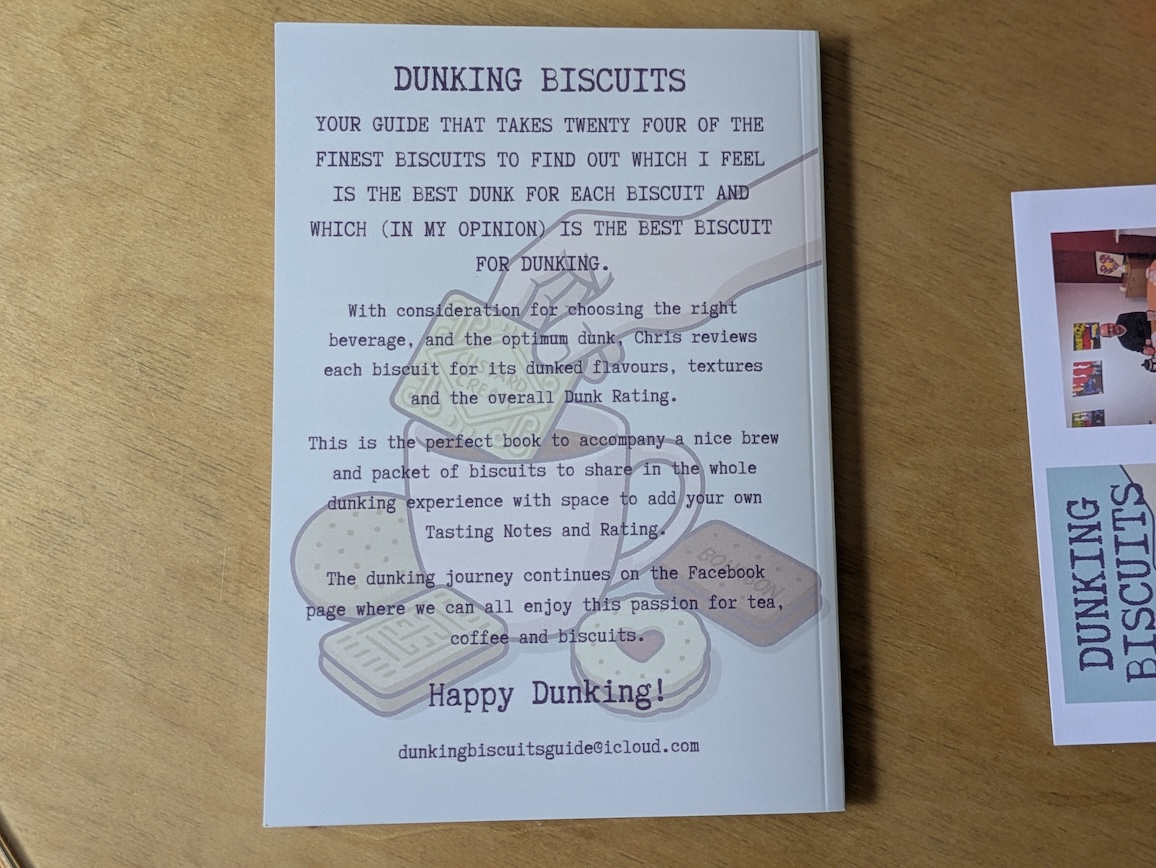 A guide to dunking biscuits, detailing the best biscuits for dunking, their flavours and textures, with space for personal tasting notes. Includes a playful design with illustrations of biscuits and a coffee theme.