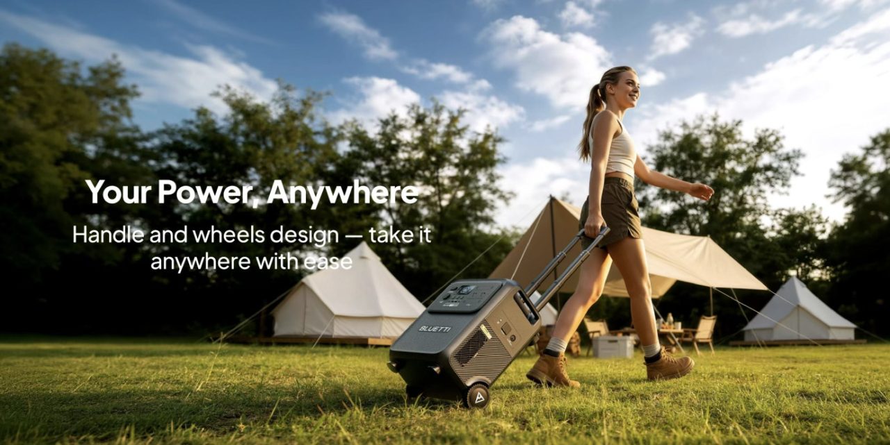 A young woman walking on grass while pulling a portable power station with wheels, surrounded by camping tents.
