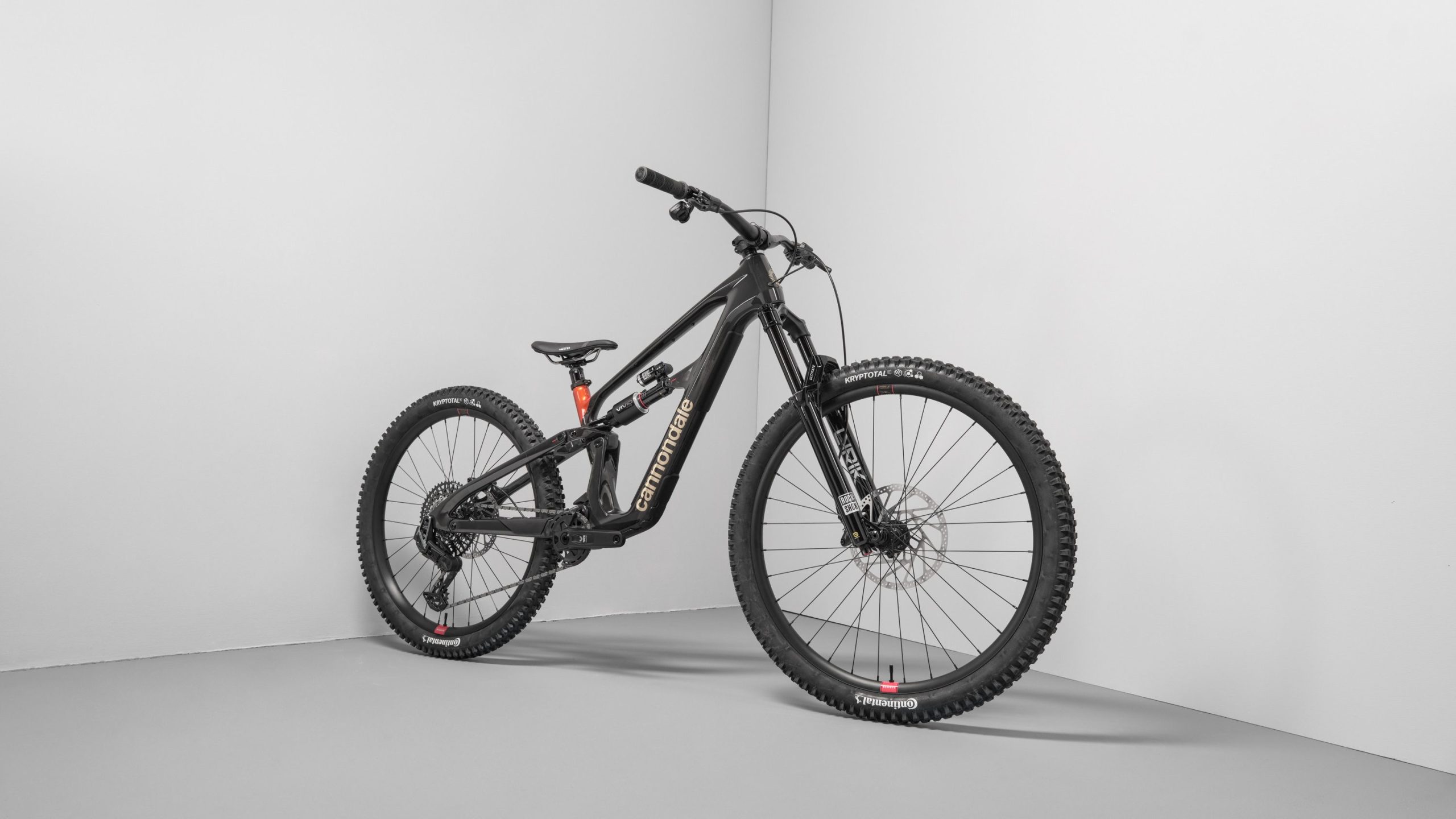 A black mountain bike leaning against a wall in a minimalist interior setting.
