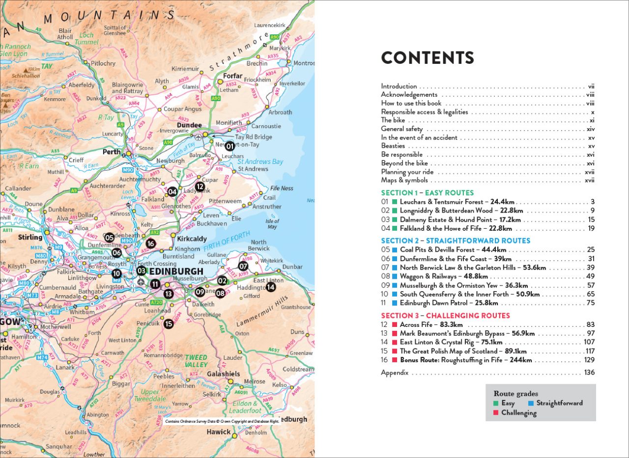 A detailed map of Edinburgh and surrounding areas, highlighting various routes for cycling, with numbered locations and distances listed in a contents section.