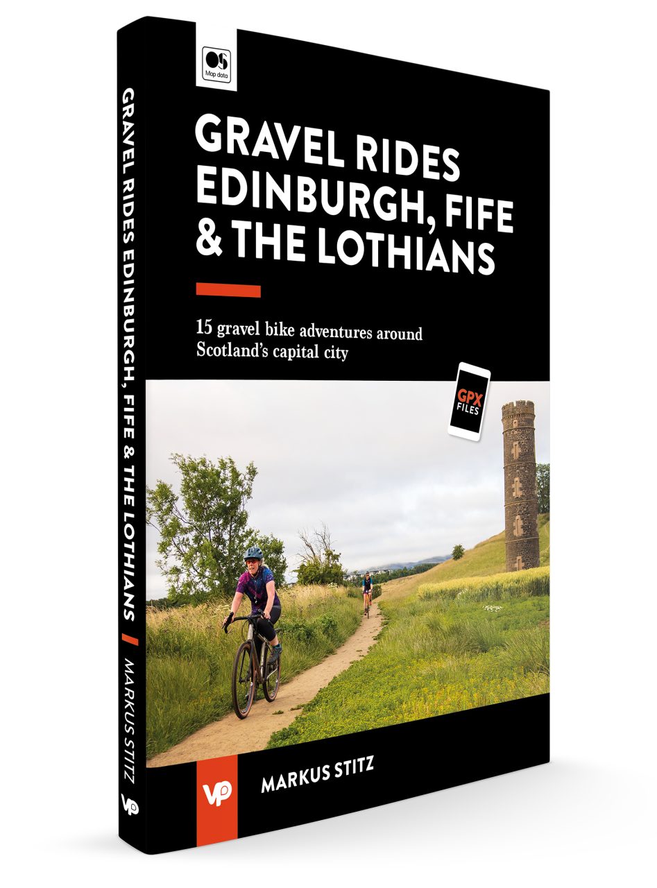 Book cover for 'Gravel Rides Edinburgh, Fife & The Lothians' featuring two cyclists riding along a gravel path in a green landscape, with a historic tower in the background.