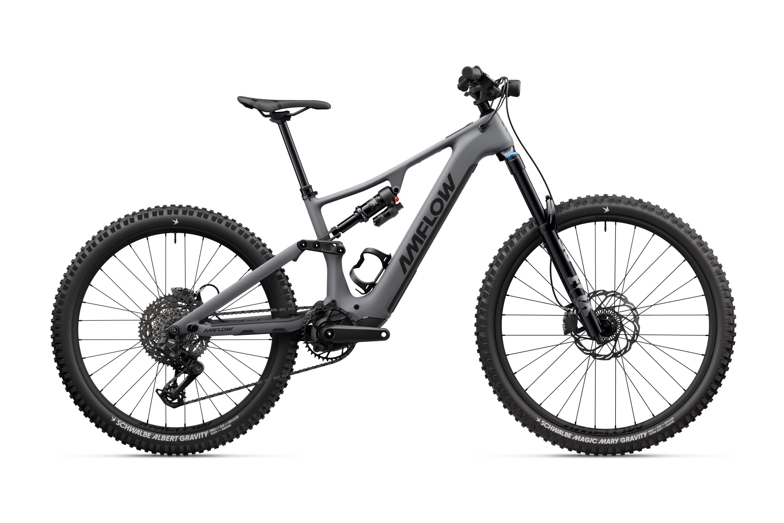 A modern electric mountain bike with a sleek grey frame, wide tires, and a front suspension fork.
