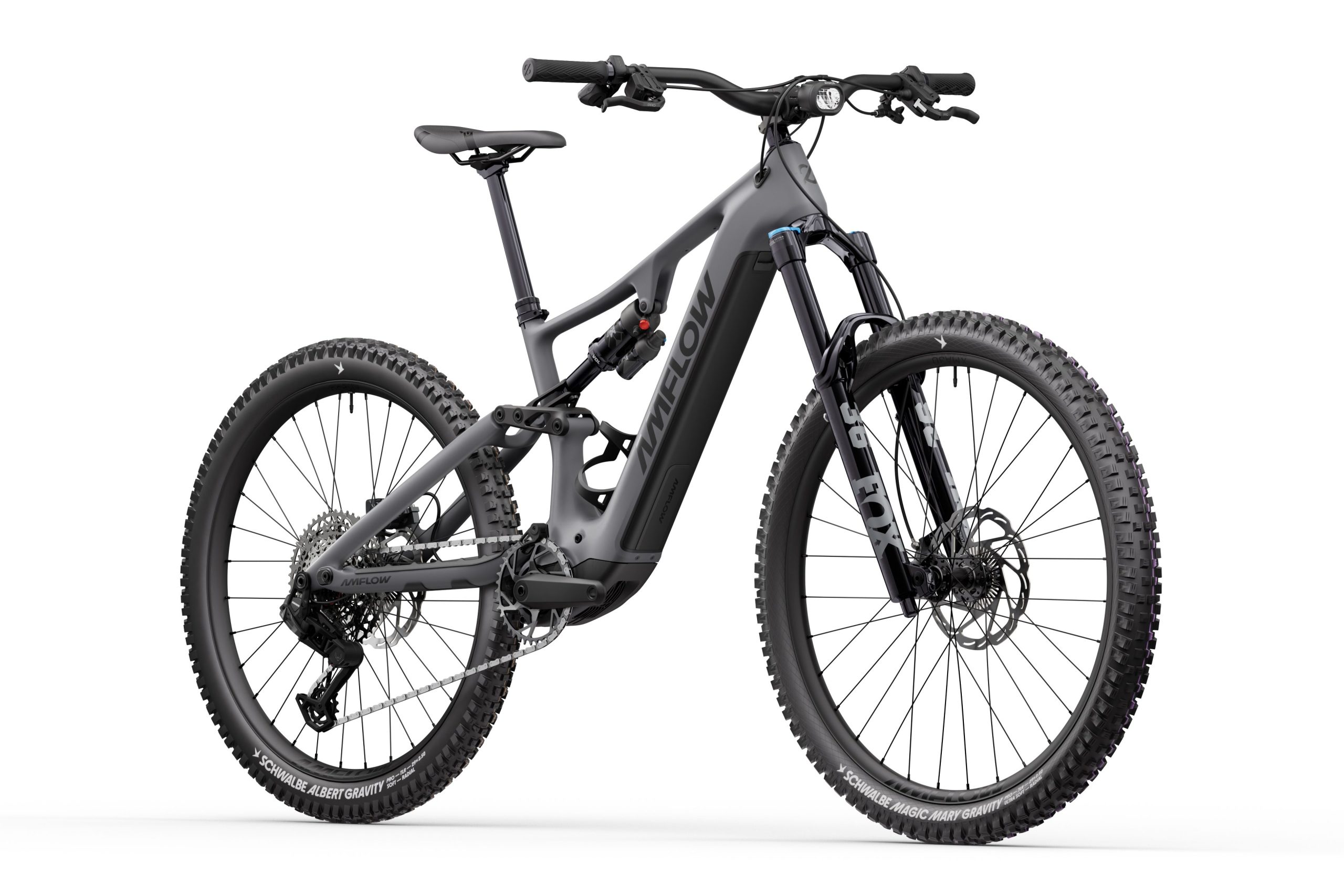 A sleek electric mountain bike with a grey frame, featuring wide tires, front suspension, and modern components, positioned on a white background.