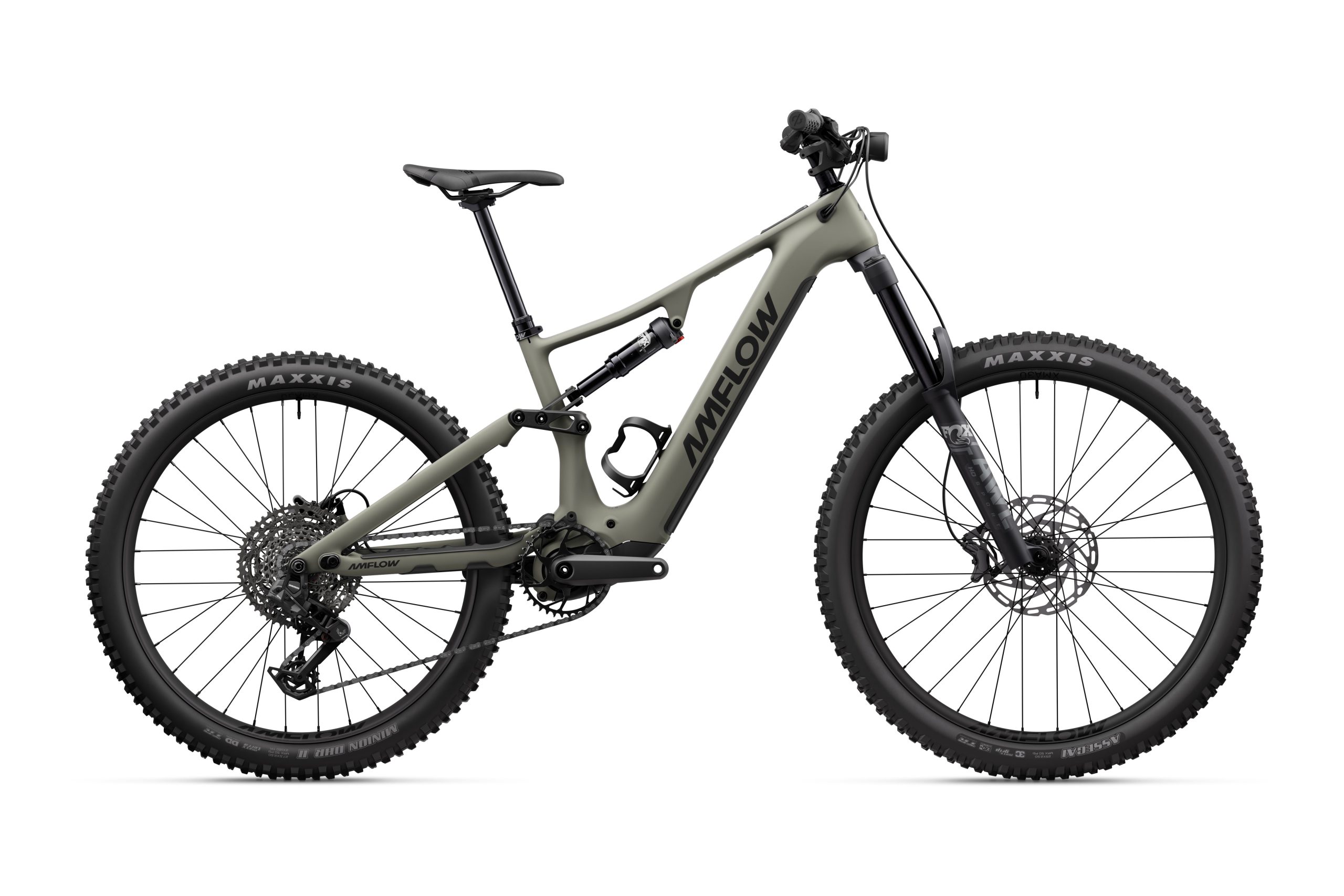 A modern mountain bike displayed on a white background, featuring a sleek design, wide tyres, and a suspension system, emphasising its suitability for rugged terrain.