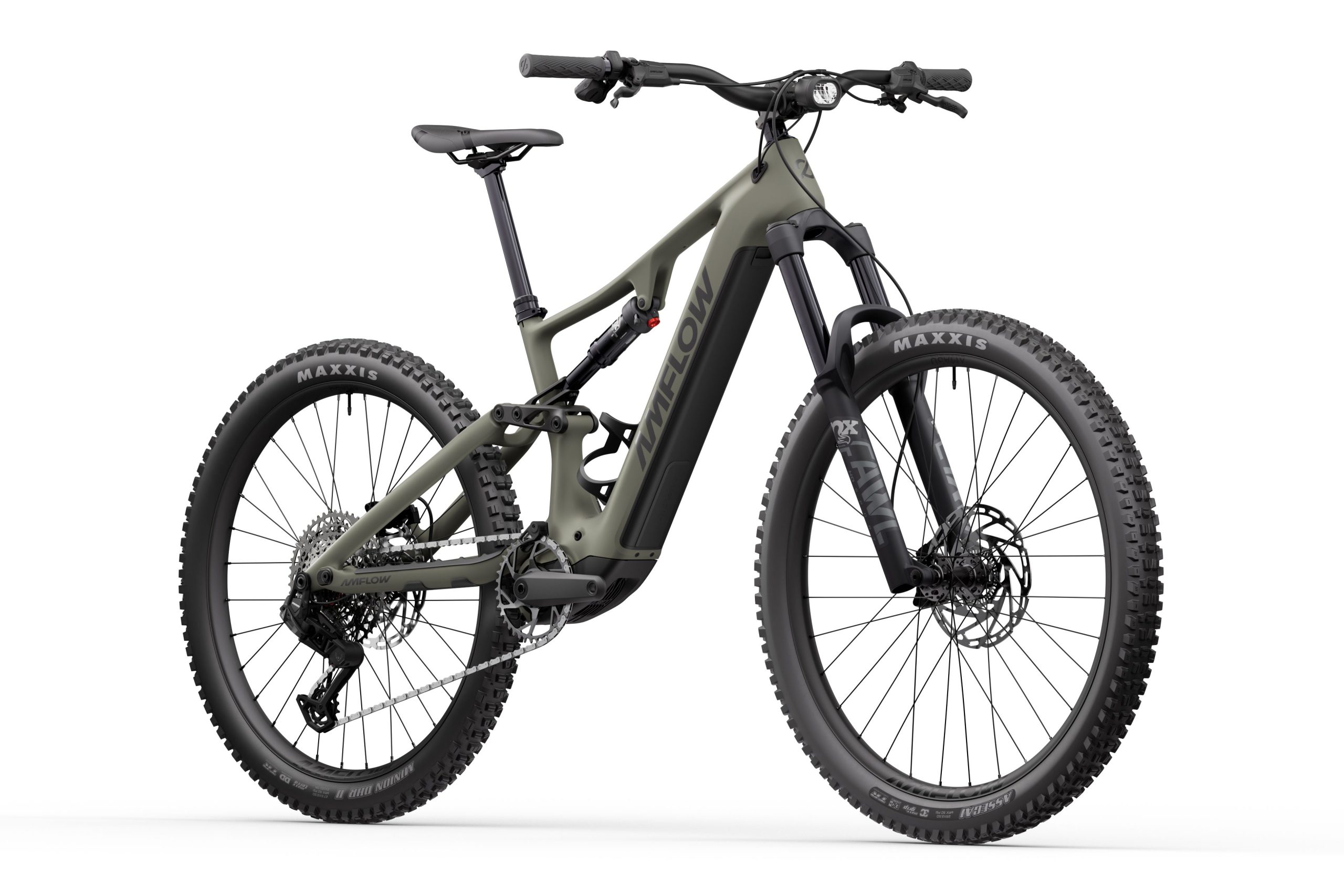 A modern electric mountain bike with a sleek design, featuring a dark green frame, robust tires, and high-performance components.