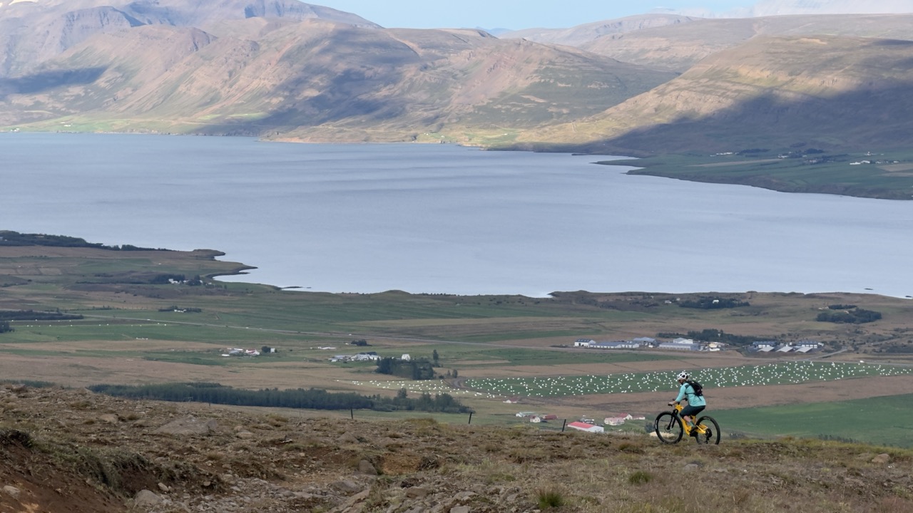 A mountain biker riding on a rocky path with a scenic view of a lake and green fields in the background, surrounded by hills under a clear sky.